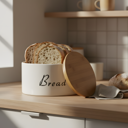 Porcelain Bread Container & Wooden Lid